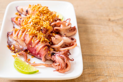 High angle view of food in plate on table