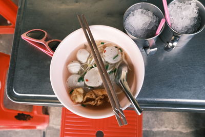 High angle view of soup in bowl