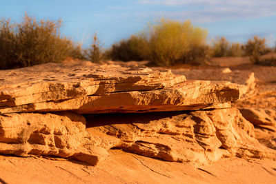 Close-up of rocks on land against sky