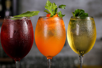 Close-up of colorful drinks