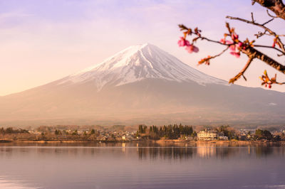 Lake by snowcapped mountains against sky