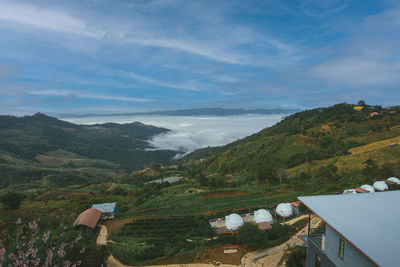 Beautiful blue sky high peak mountains mist fog wildlife green forest at changrai