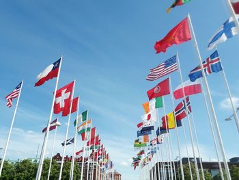 Low angle view of flag flags against sky