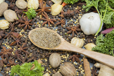 High angle view of spices in wooden spoon