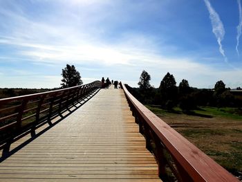 Wooden footbridge along plants and trees against sky