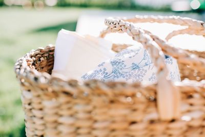 Close up of a wicker basket filled with beautiful linen