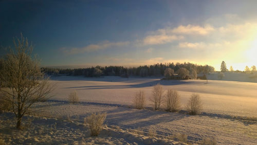 Scenic view of snow covered field against sky