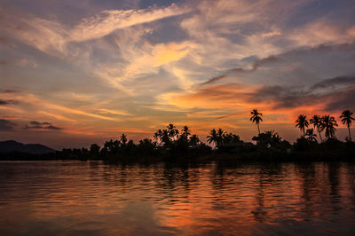 Silhouette trees by river against cloudy sky during sunset