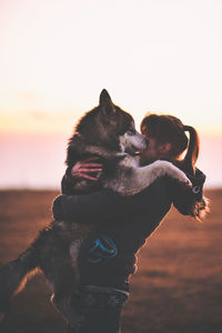 Close-up of dog on beach against sky during sunset