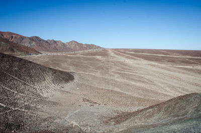 Scenic view of desert against clear blue sky