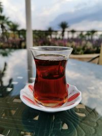 Close-up of tea in glass on table