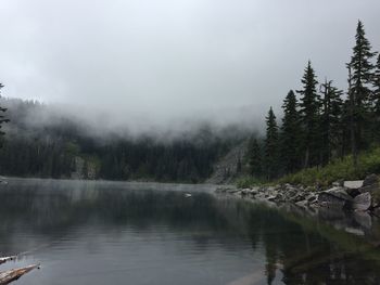 Scenic view of lake against cloudy sky
