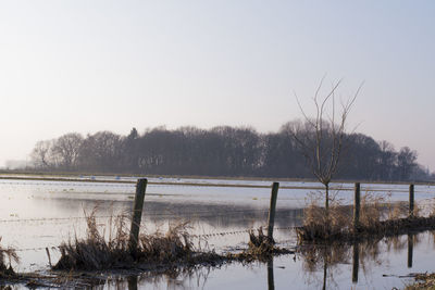 Scenic view of lake against clear sky during winter