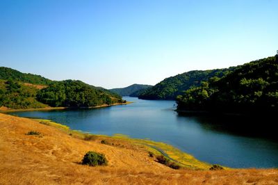 Scenic view of lake and mountains against clear blue sky