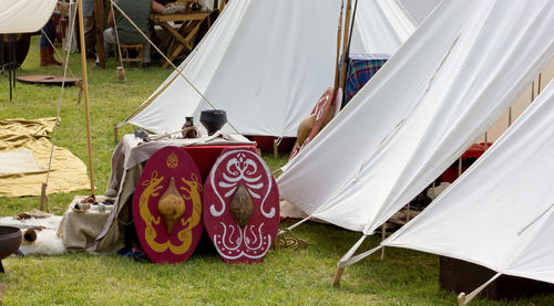 View of tent on field