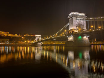 Illuminated bridge over river at night