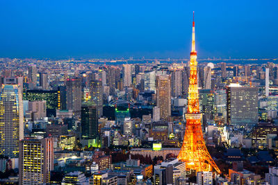 Aerial view of illuminated buildings against sky in city