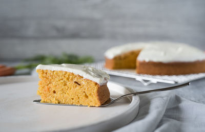 Close-up of cake in plate on table