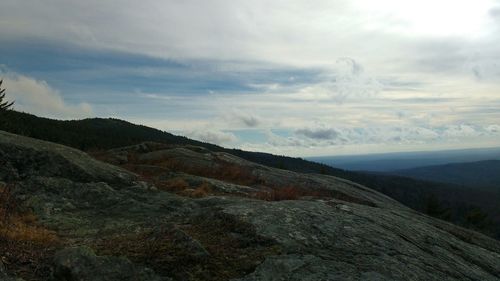 Scenic view of mountains against cloudy sky