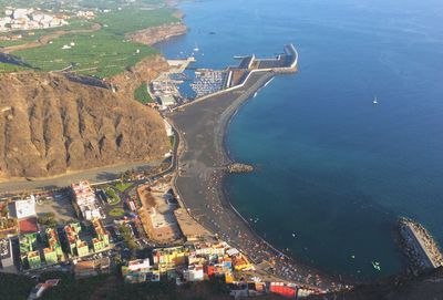 High angle view of sea and cityscape