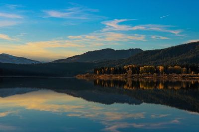 Scenic view of calm lake against mountain range