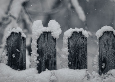Panoramic shot of frozen fence on snow covered land
