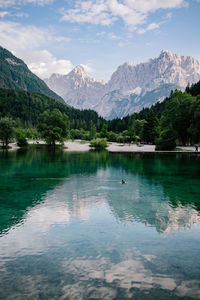 Scenic view of lake and mountains against sky