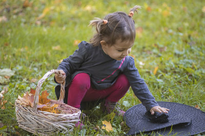 Halloween celebration. cute toddler girl in black dress plays with witch hat on green lawn autumn .