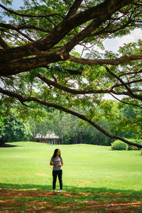 Young woman standing on grassy field under tree