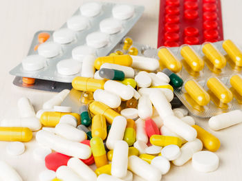 High angle view of medicines on table