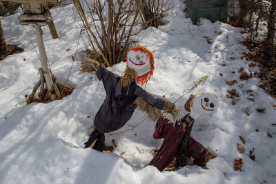 High angle view of person on snow covered field