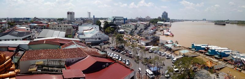 High angle view of buildings against sky