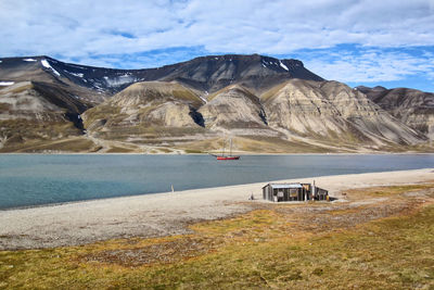 Scenic view of land and mountains against sky