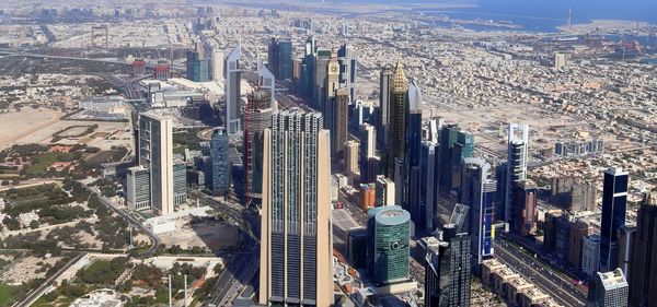 High angle view of city buildings