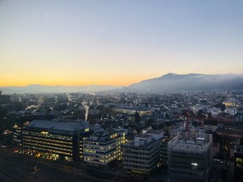 High angle view of buildings against sky during sunset in zurich switzlerland