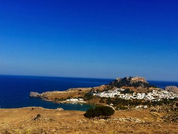 Scenic view of sea against clear blue sky