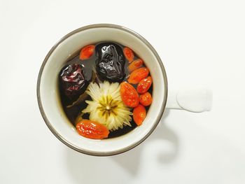 Directly above shot of strawberries in bowl on table