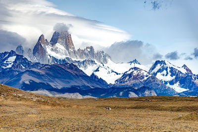 Scenic view of snowcapped mountains against sky