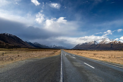 Scenic view along the mount cook road alongside with snow capped southern alps and majestic mt cook.