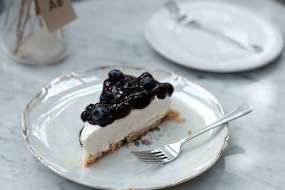 High angle view of cake in plate on table