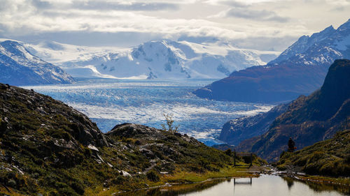 Scenic view of lake and snowcapped mountains against sky