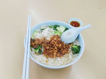 High angle view of soup in bowl on table