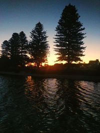 Silhouette trees by lake against sky during sunset