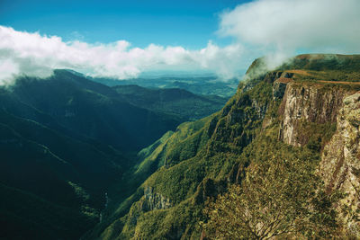 Fortaleza canyon with steep rocky cliffs and forest in a cloudy day near cambará do sul. brazil.