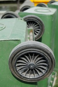 Close-up of garbage can wheels