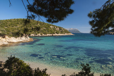 Scenic view of sea against clear blue sky