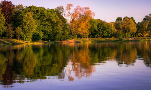 Scenic view of lake by trees against sky