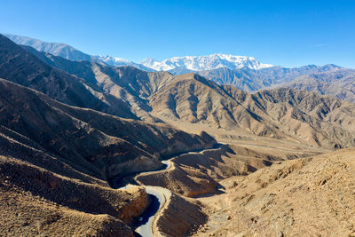 Scenic view of snowcapped mountains against clear blue sky