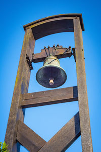 Low angle view of clock tower against clear blue sky