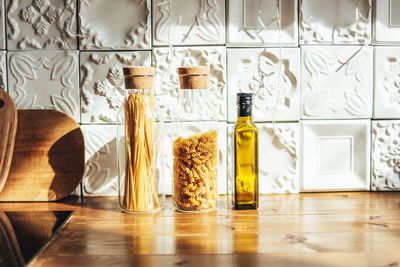 Close-up of glass jar on table